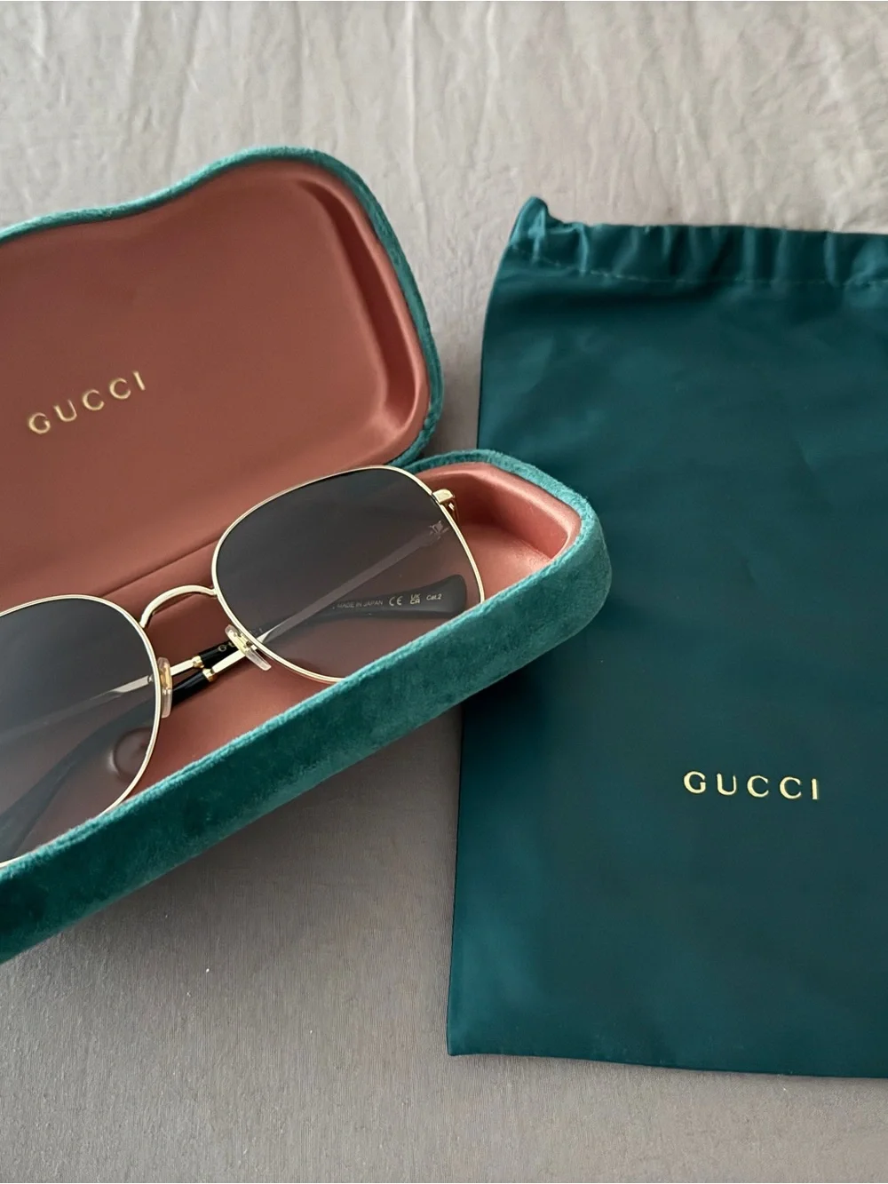 Gucci Gold Frame Brown Lens Sunglasses with Green Case